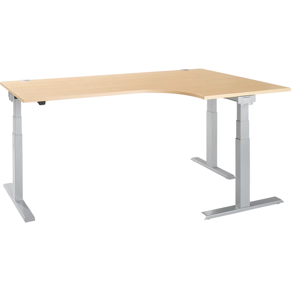 L-shaped desk in light wood with gray, height-adjustable frame. The tabletop has a rounded corner.