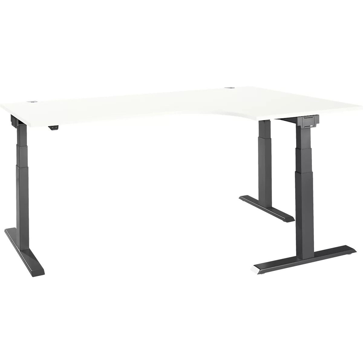 White corner desk with gray frame, adjustable in height.