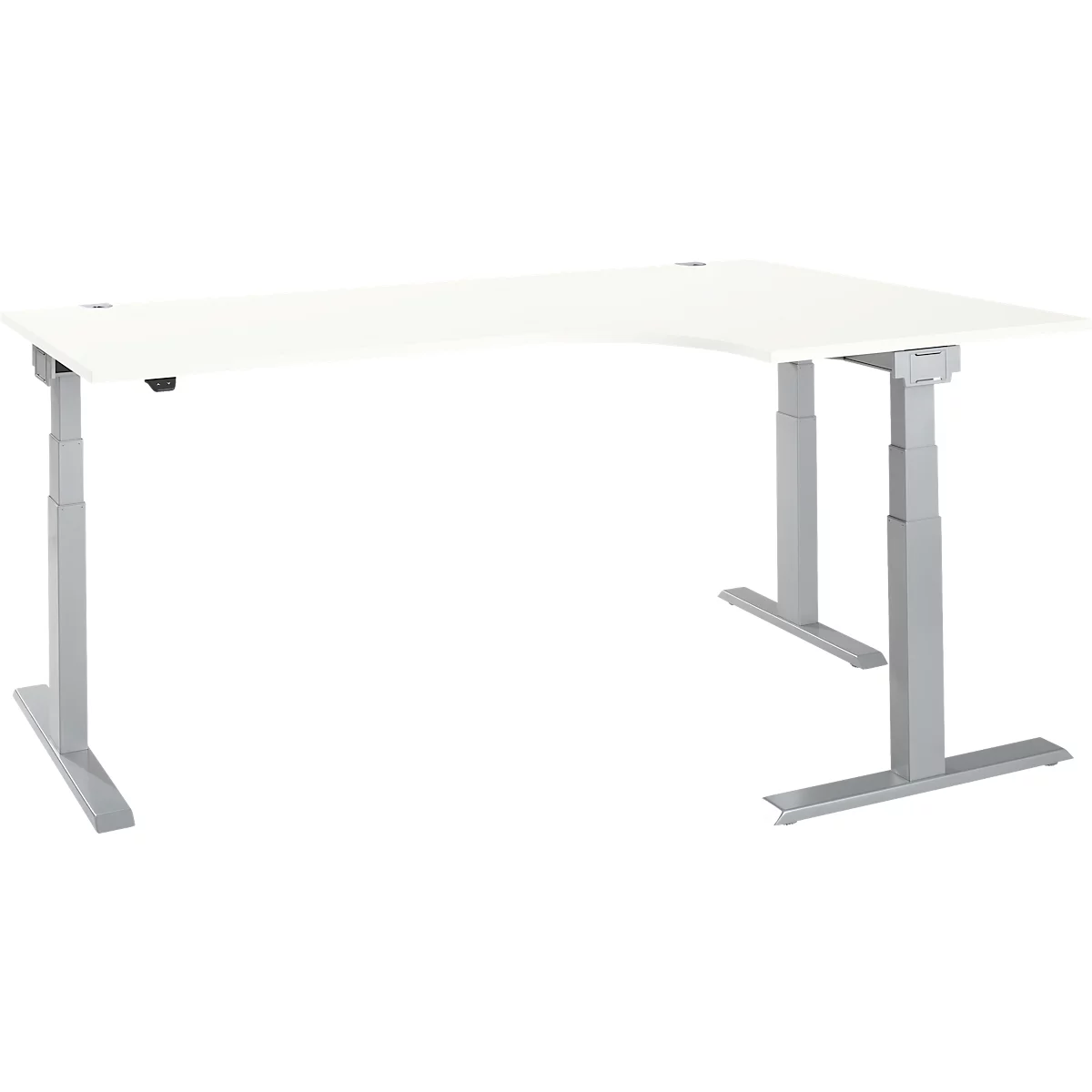 Corner desk, white tabletop, gray height-adjustable legs.
