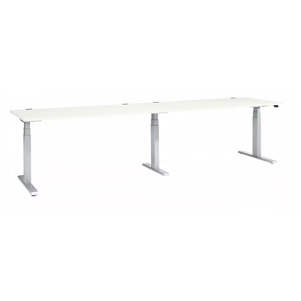 White, height-adjustable desk with silver legs. The table top is rectangular.
