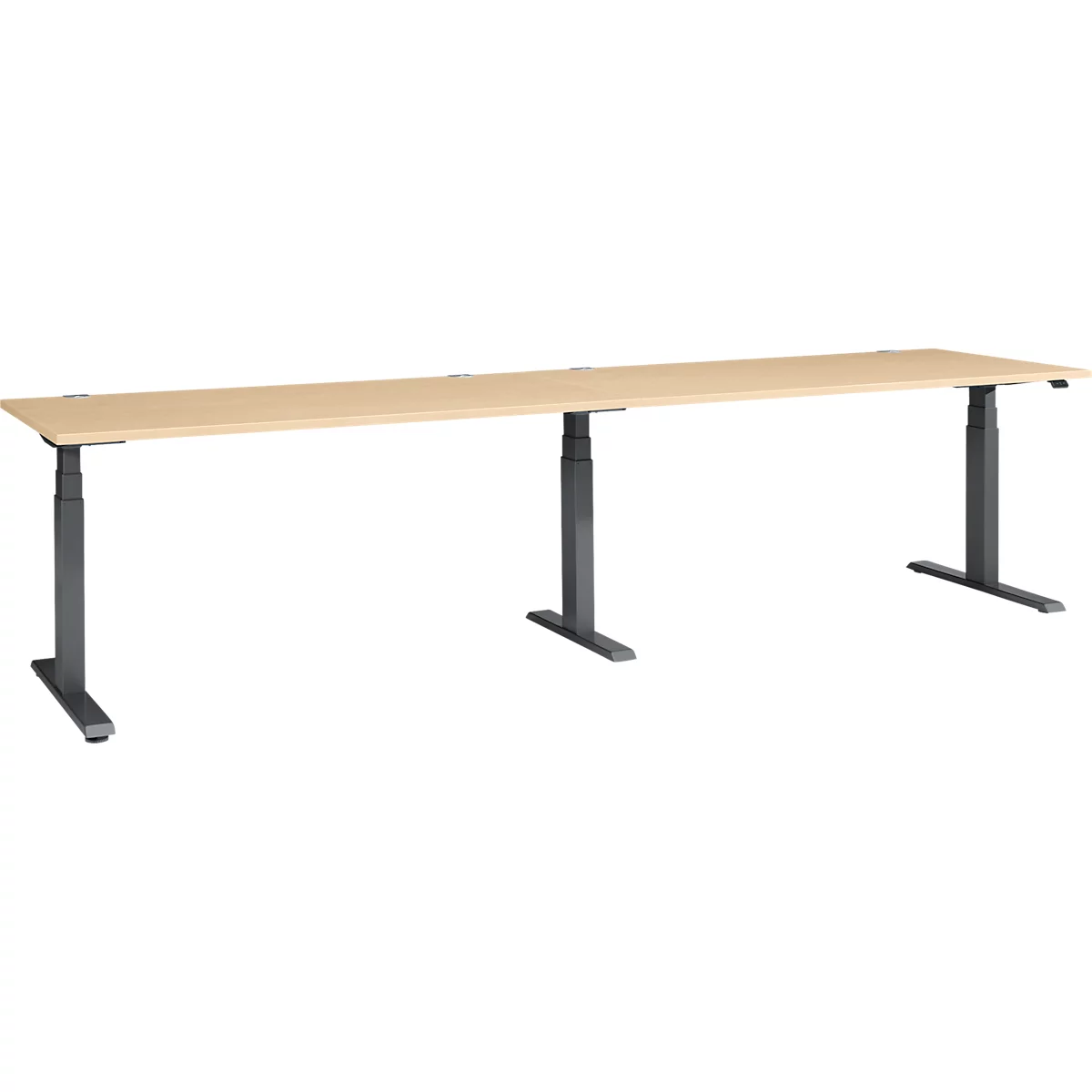 A long, rectangular, height-adjustable desk. The tabletop is light brown, the legs are dark gray.