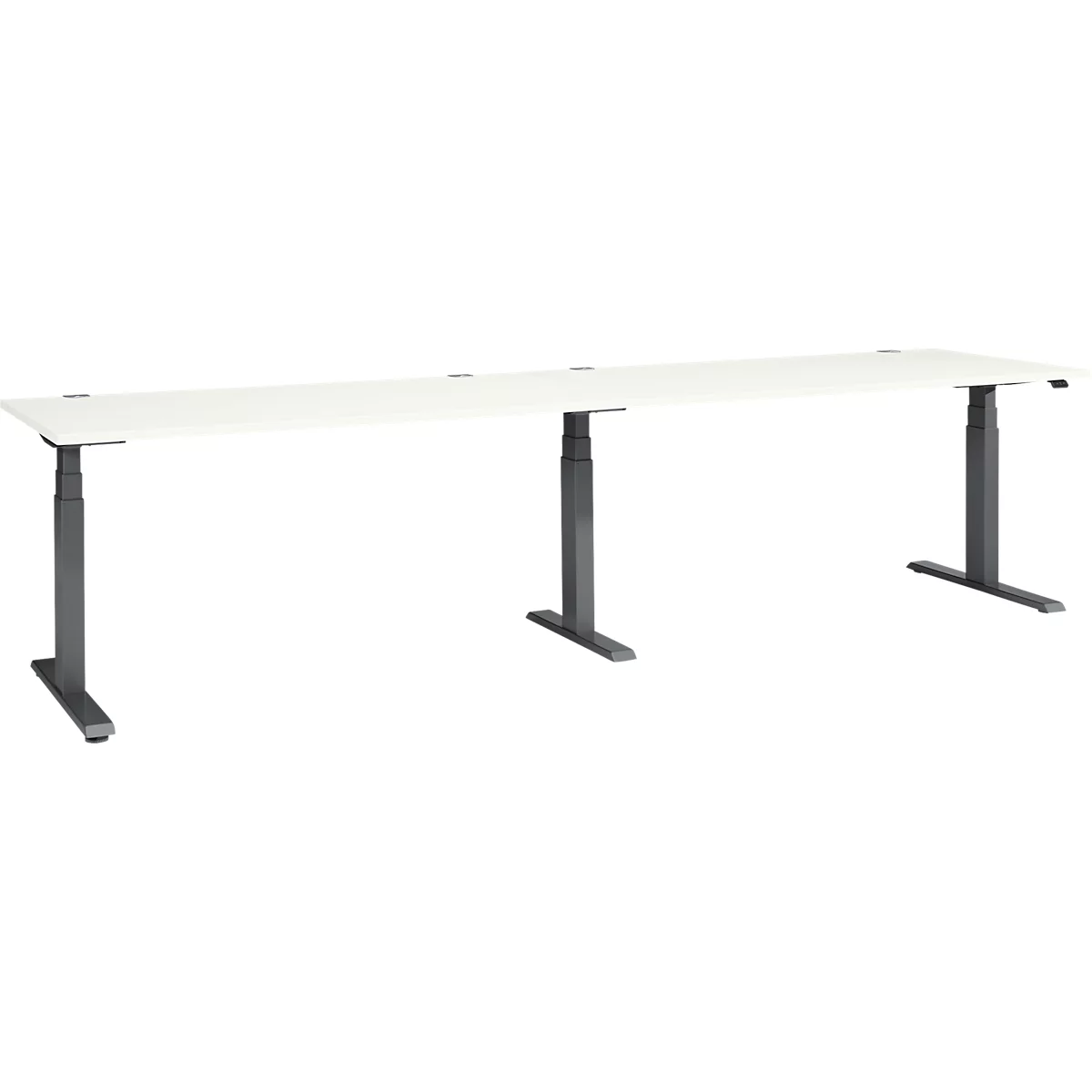 Height-adjustable desk with white top and gray legs, against a white background.