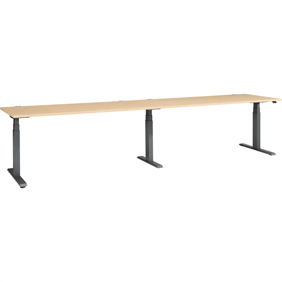 A long, beige desk with gray, height-adjustable legs. The desk stands against a white background.