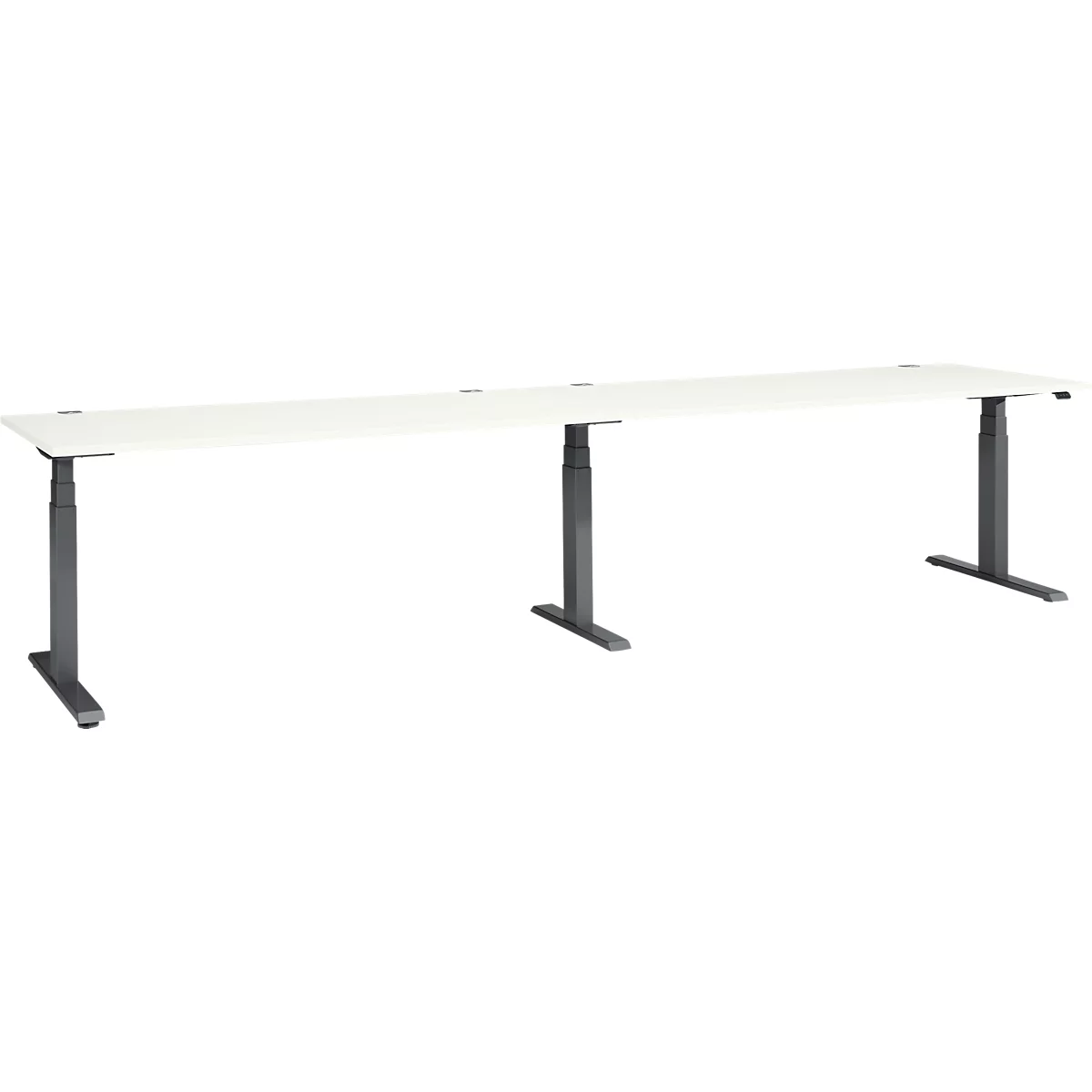 White desk with gray, height-adjustable legs. The table top is rectangular.
