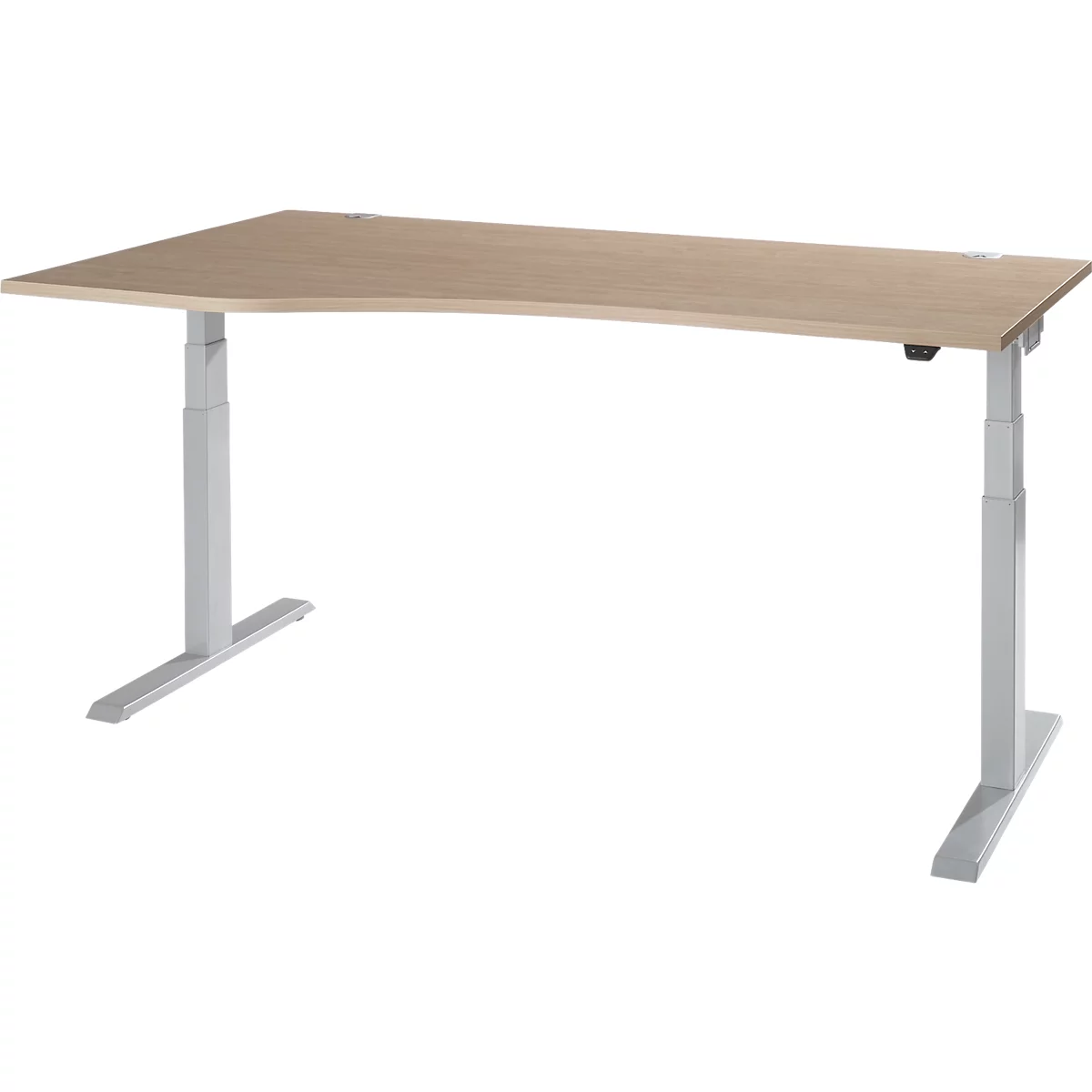 A bright, height-adjustable desk with a wooden top and silver legs.