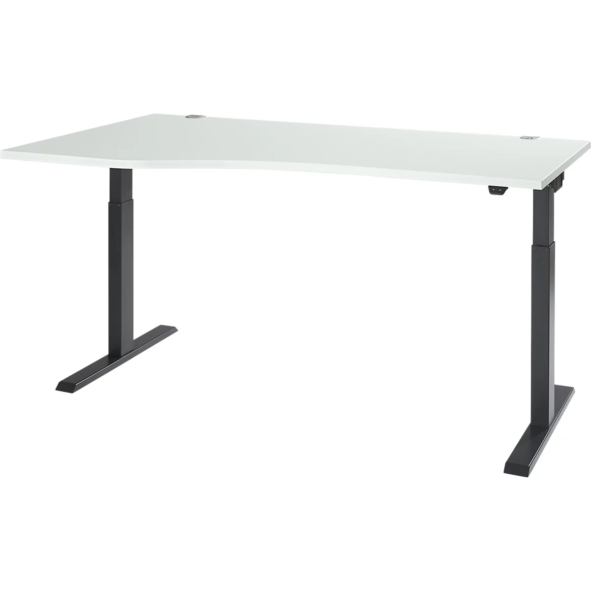 A white, rectangular sit-stand desk with a black, height-adjustable frame. The tabletop hovers in the air.