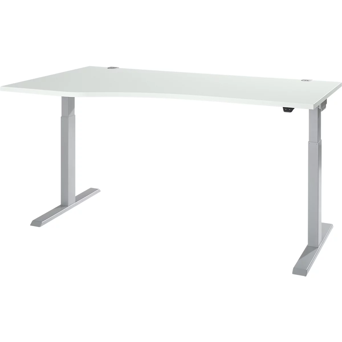 A white, height-adjustable desk with silver legs. The tabletop is rectangular. A control is attached to the right side.