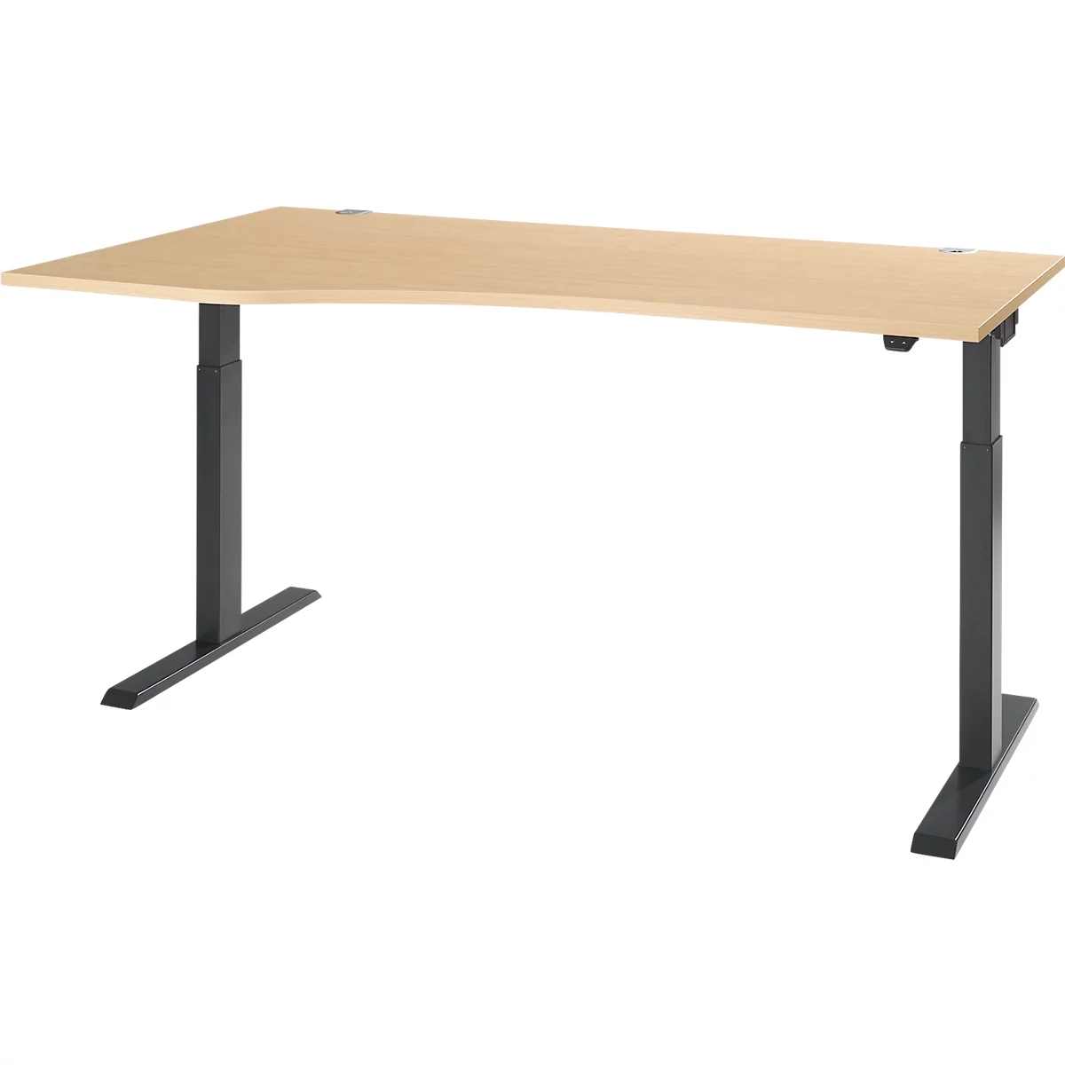 An adjustable height desk with a light wood top and black legs on a white background.