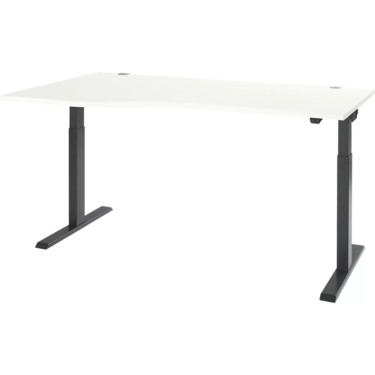 A white height-adjustable desk with gray legs and a rectangular tabletop. The desk stands isolated against a white background.