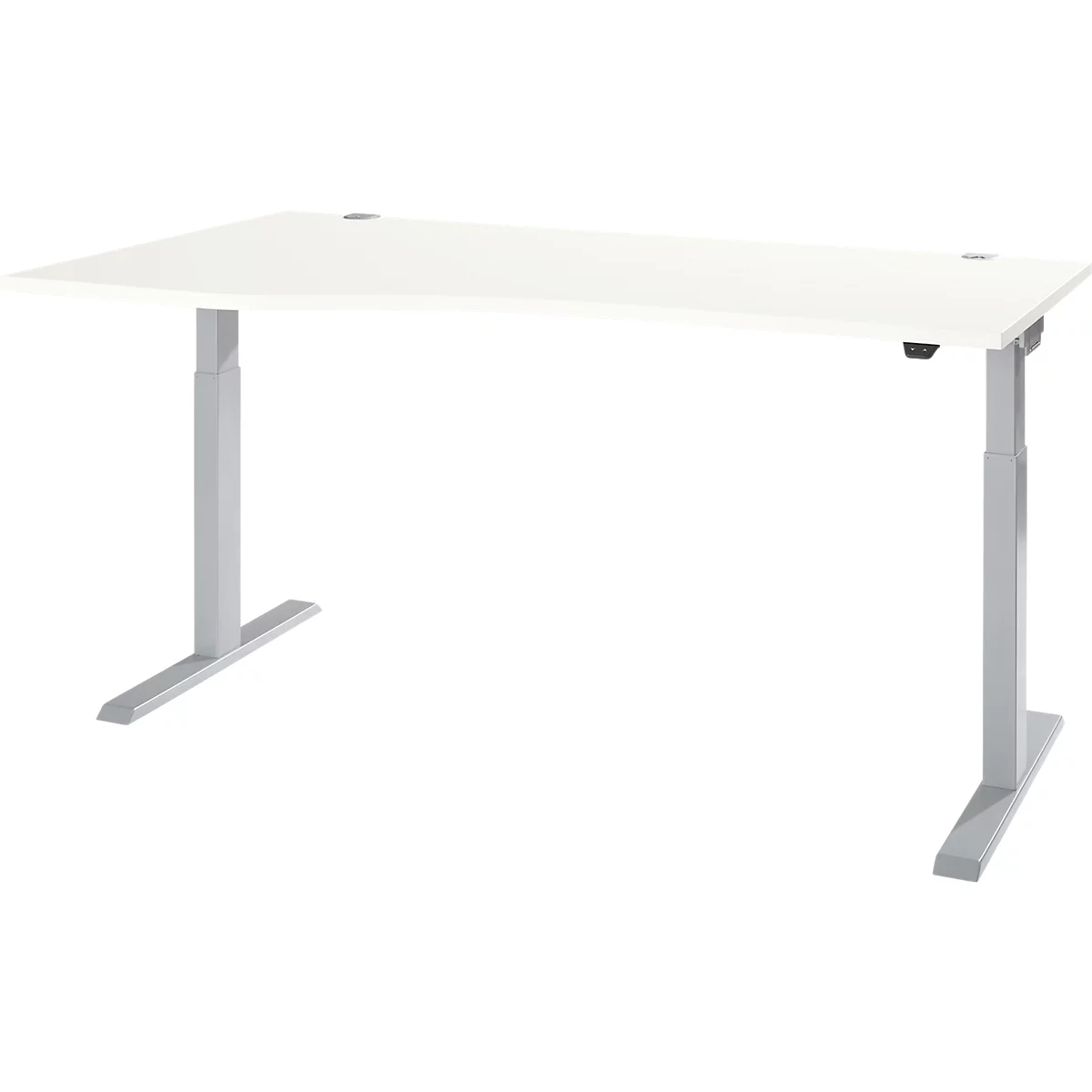 A white height-adjustable desk with gray legs and a control panel.