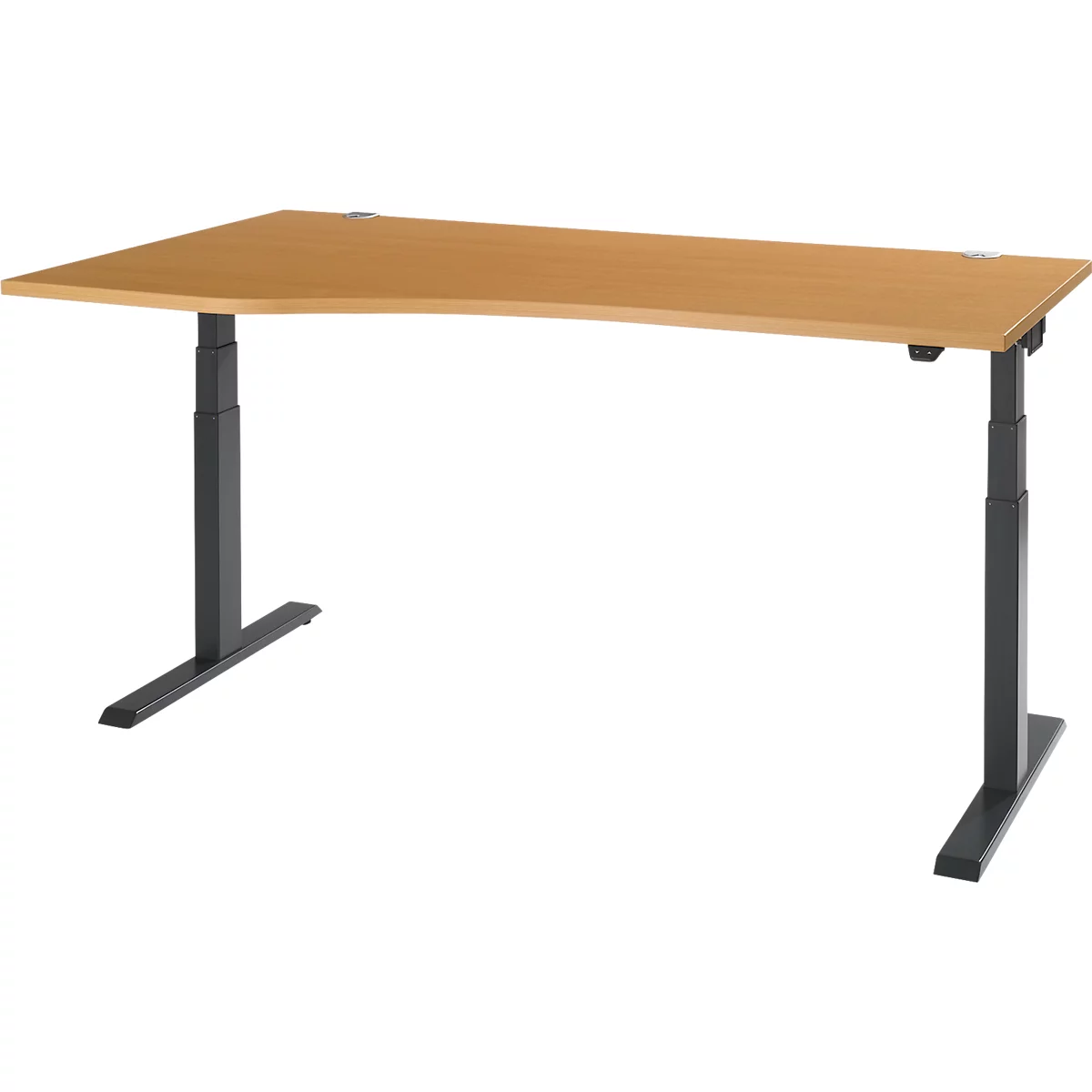 An adjustable height desk with a light brown tabletop and black metal legs. The desk has an angled shape.