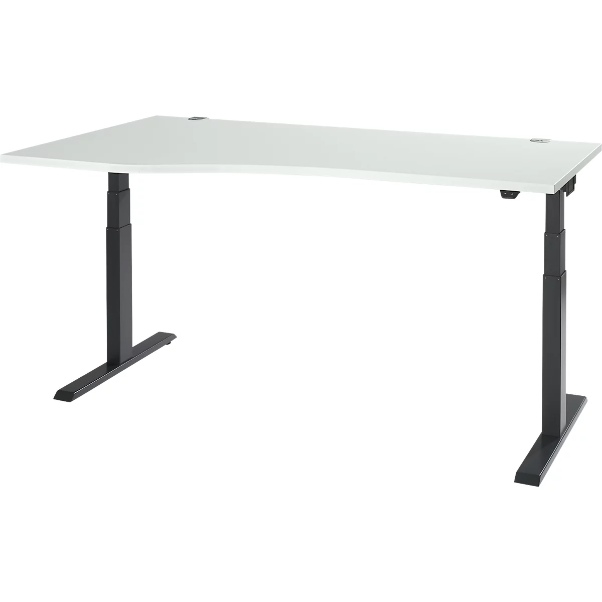 An adjustable desk with a white tabletop and black legs, set against a white background.