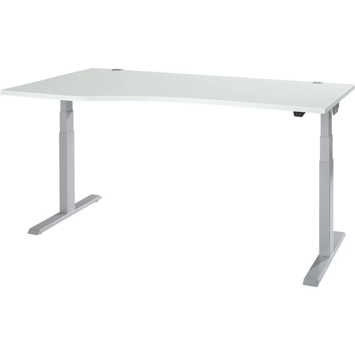 A white, height-adjustable desk, on gray legs. The table top is rectangular.