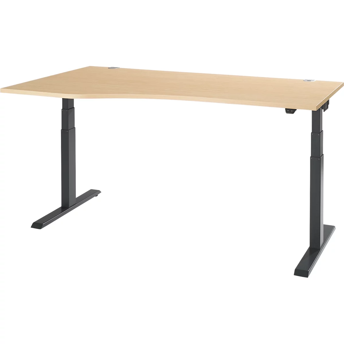 An adjustable height desk with light wooden top and black frame. The top is slightly curved.