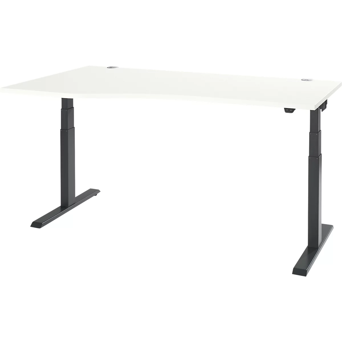 A white height-adjustable desk with a black frame, isolated on a white background.