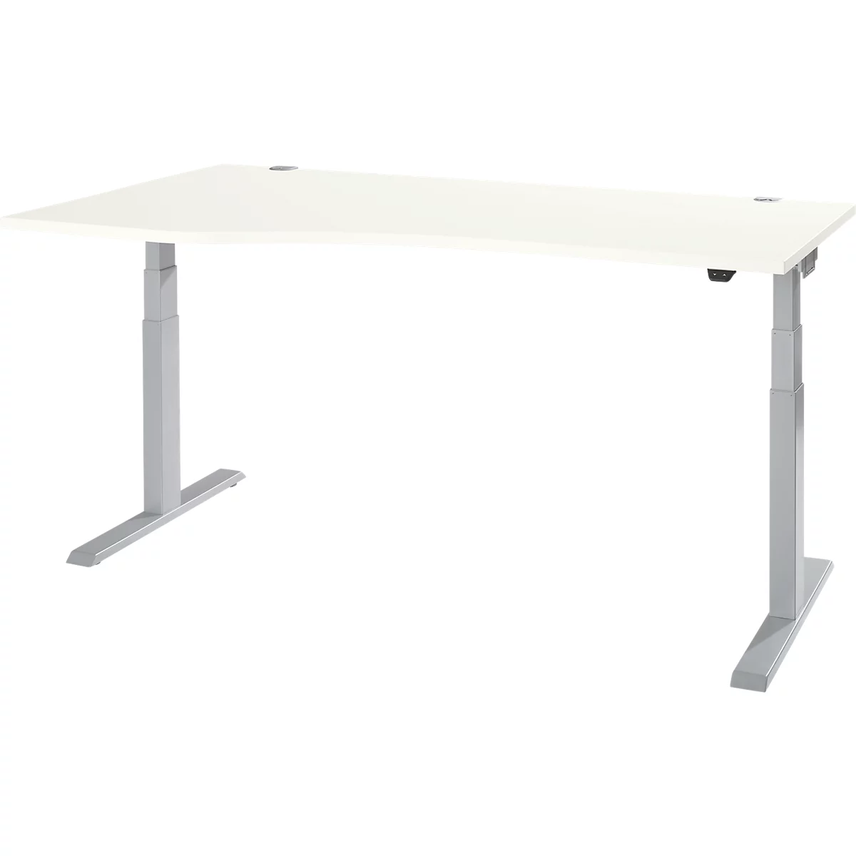 A white height-adjustable desk standing on two grey legs.