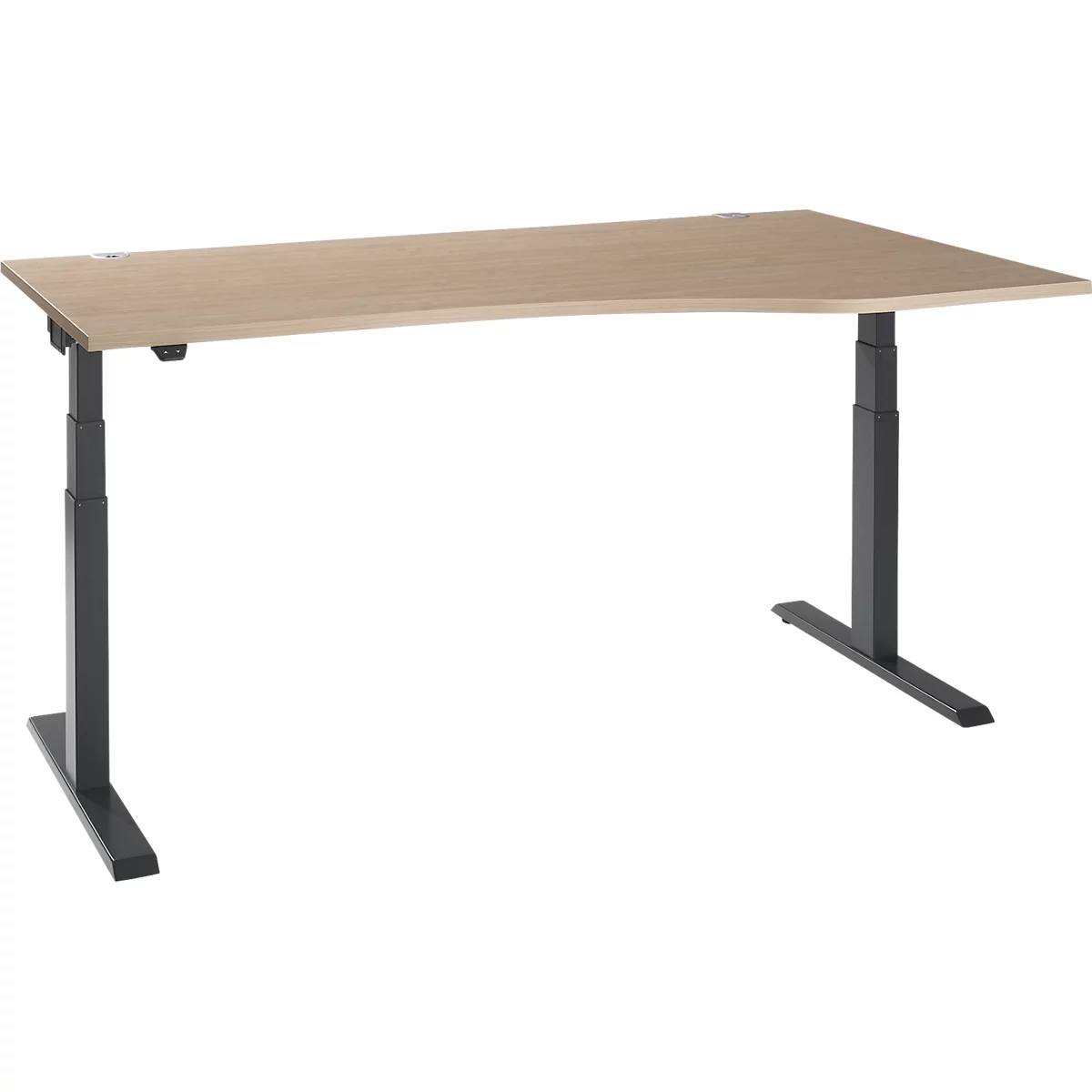 An adjustable-height desk with a light brown tabletop and gray-black legs.