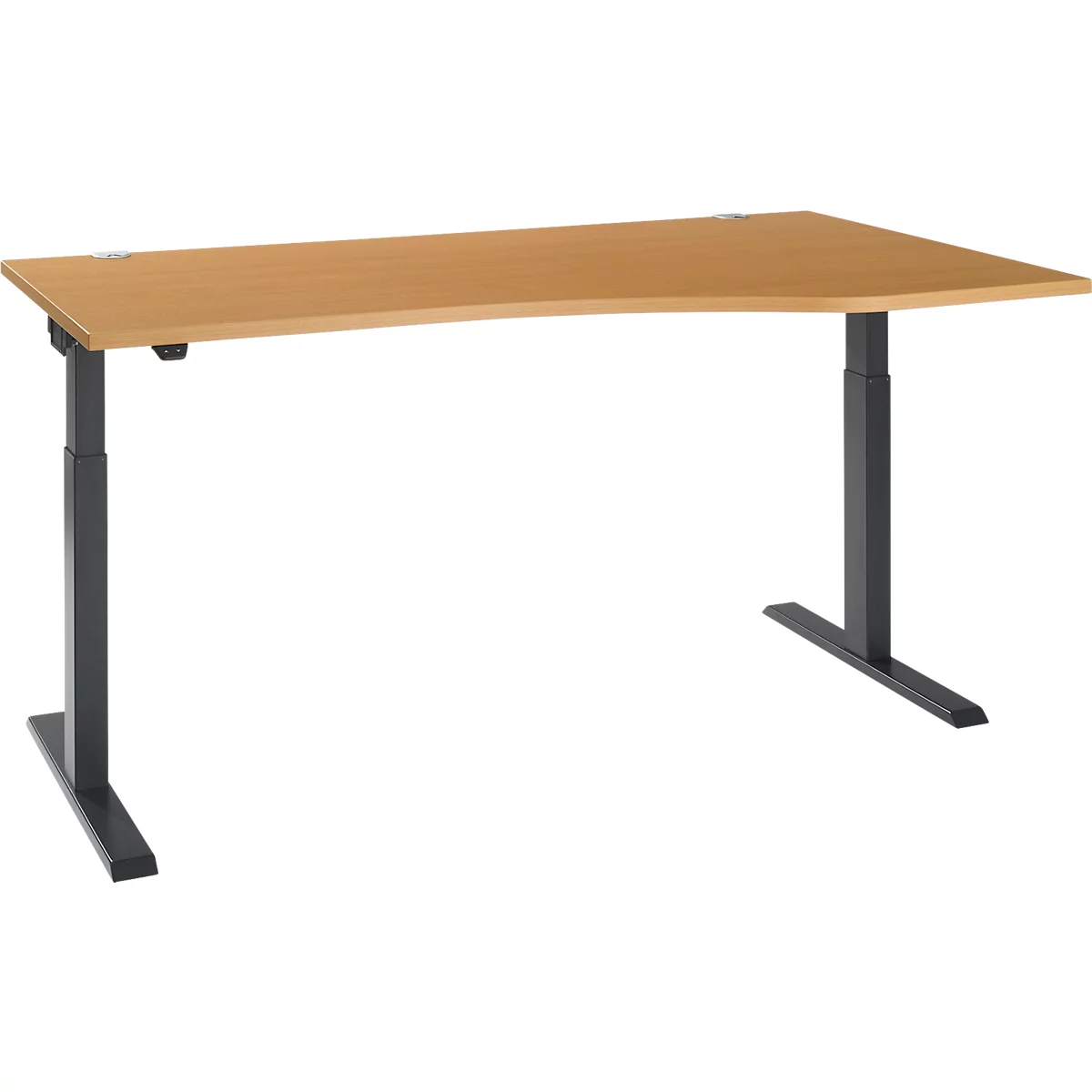 An adjustable height wooden desk with dark legs. The table has a slightly curved shape.