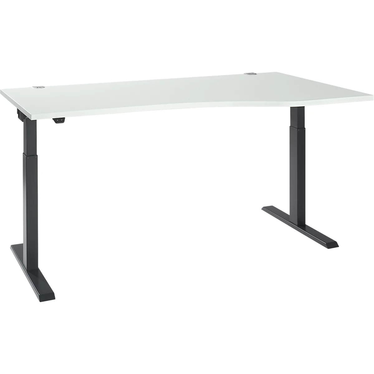 Desk with adjustable black legs and white tabletop.