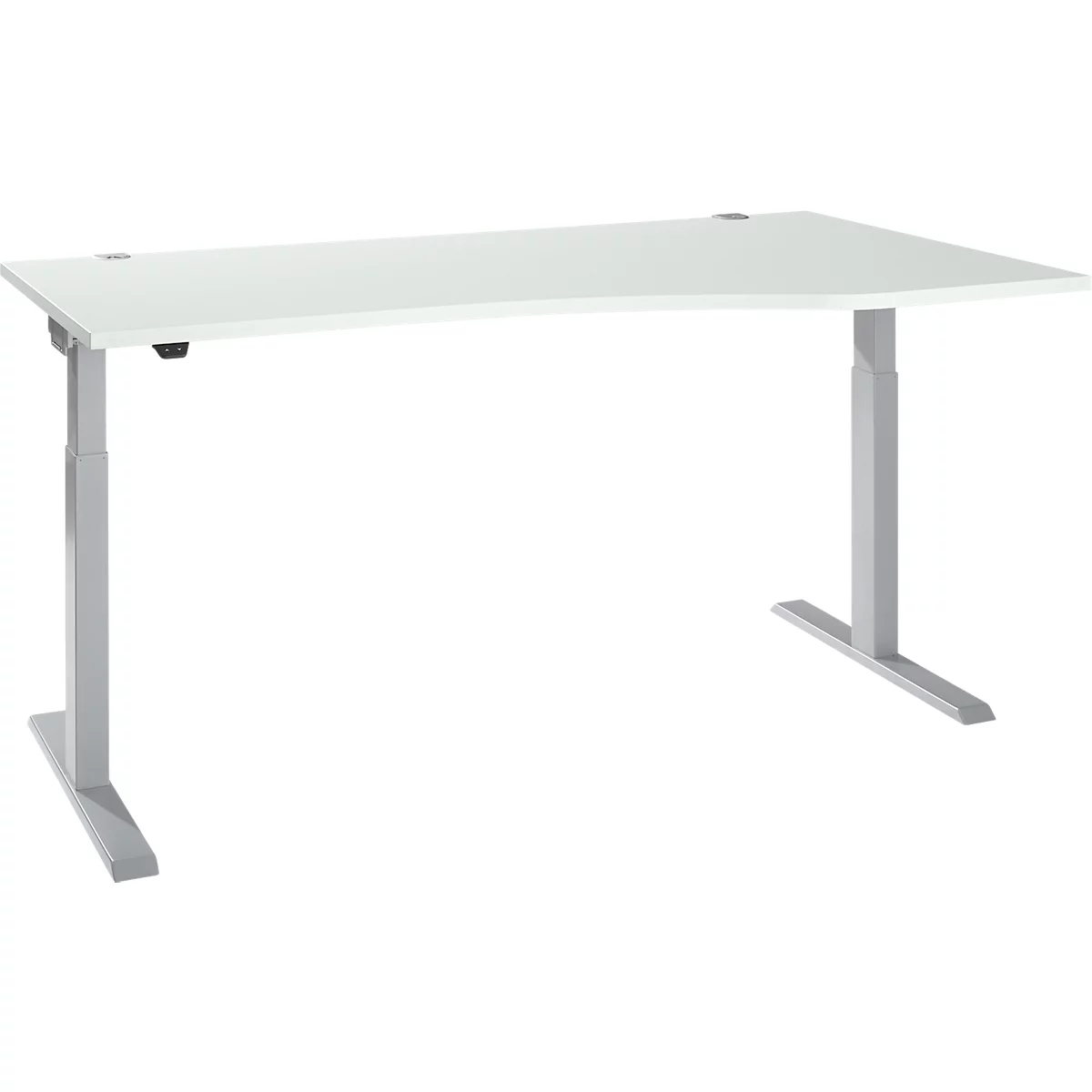 A white, height-adjustable corner desk with a gray frame. The desk is empty and stands against a white background.