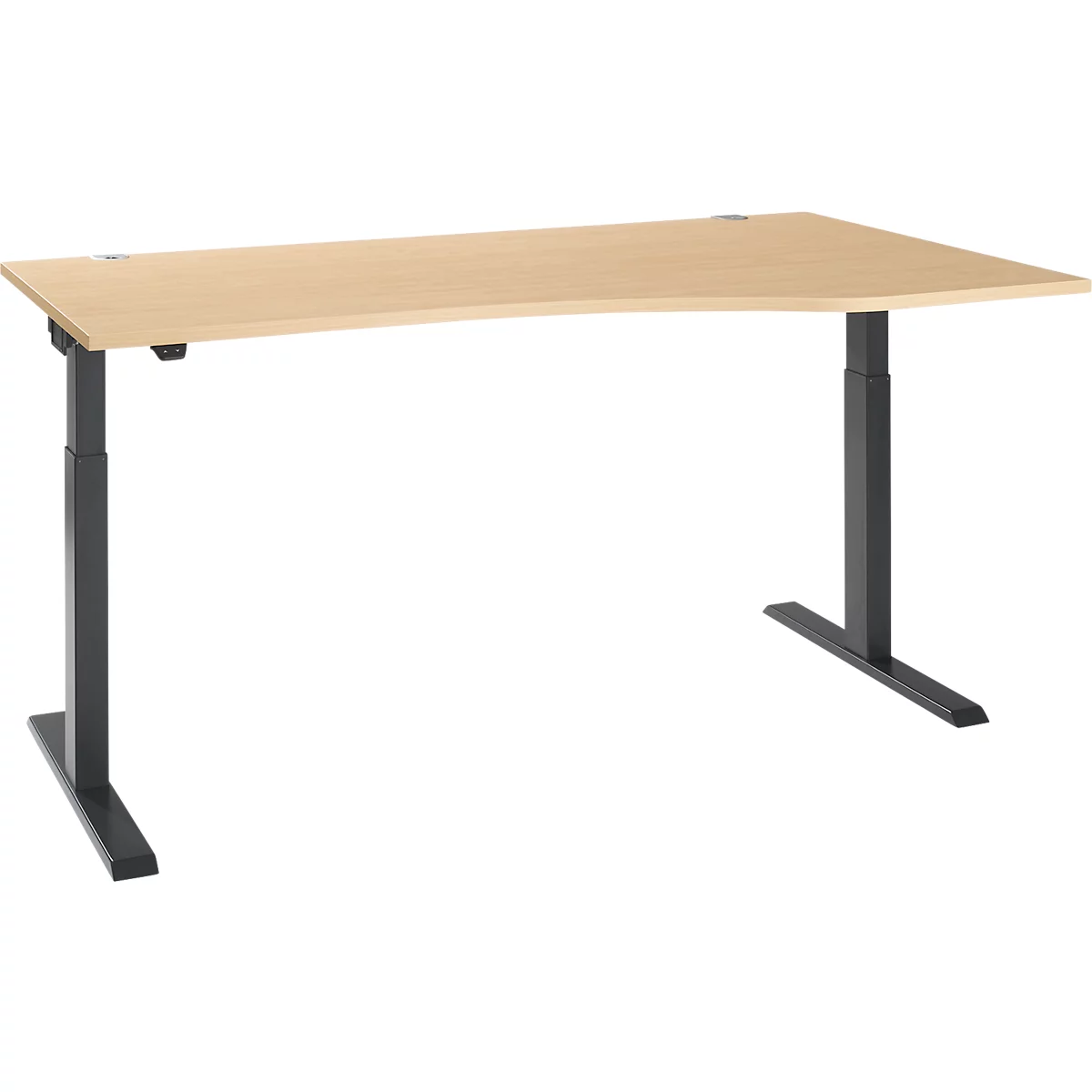 A height-adjustable desk with a light brown tabletop and dark legs, against a white background.