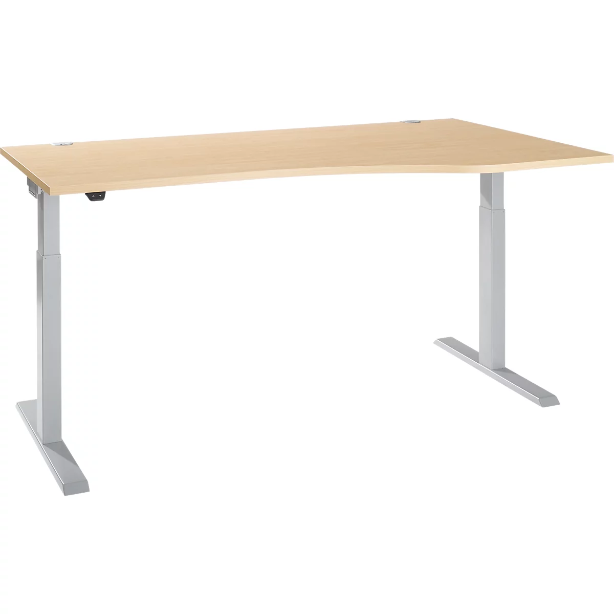 Light-colored ergonomic corner desk with grey-silver, height-adjustable legs. The tabletop is light brown.
