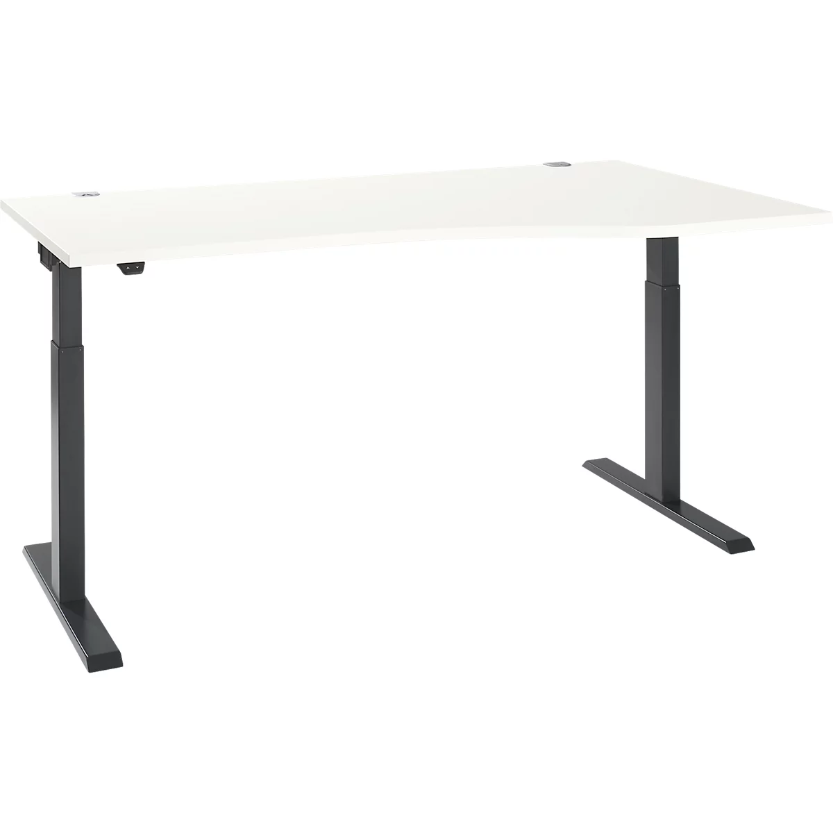 White height-adjustable desk with black legs against a white background.