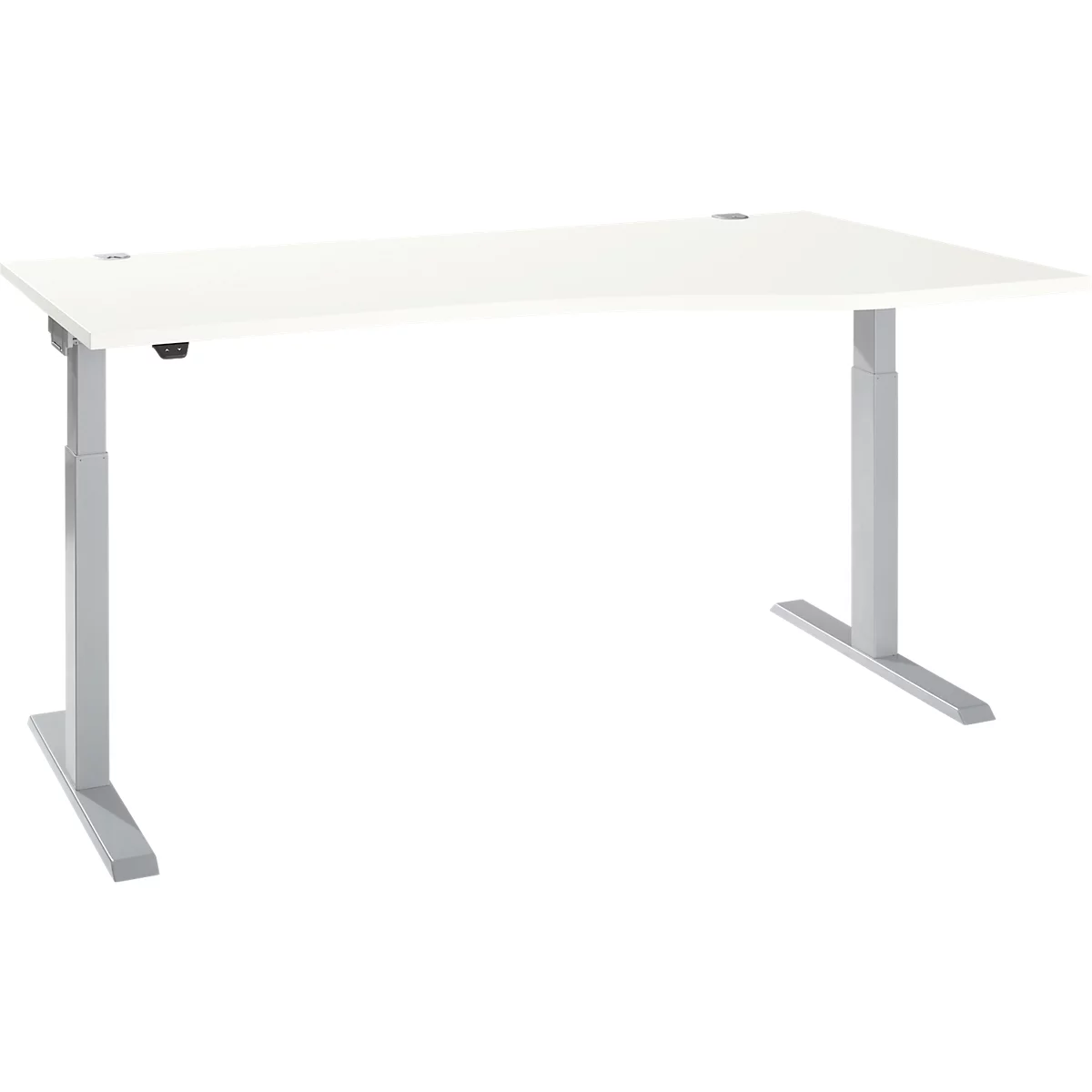 A white, height-adjustable desk with silver legs. The tabletop is rectangular.