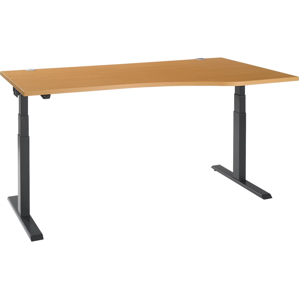 A height-adjustable desk with a light brown tabletop and gray legs. The tabletop has a slight curve.