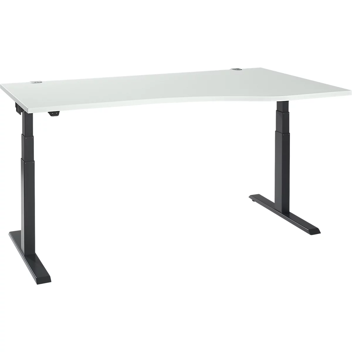 A height-adjustable desk with a white tabletop and black legs.