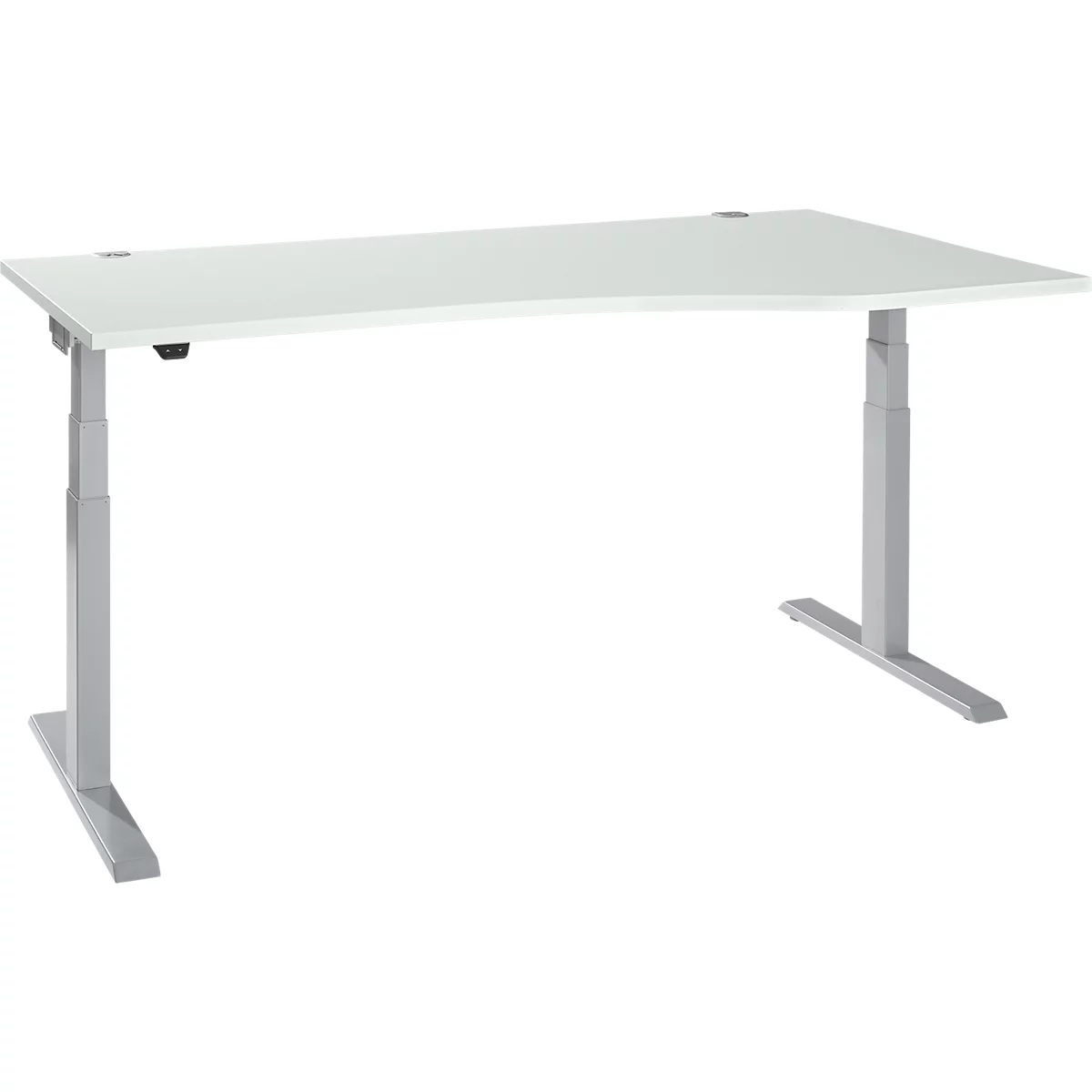 White height-adjustable desk with grey frame on white background.