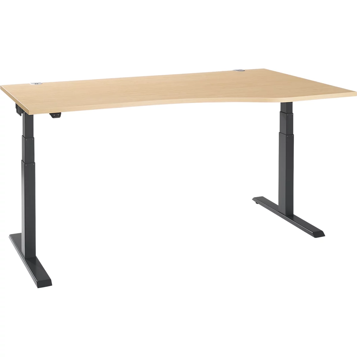 Light brown height-adjustable desk, black legs, slightly rounded edge.