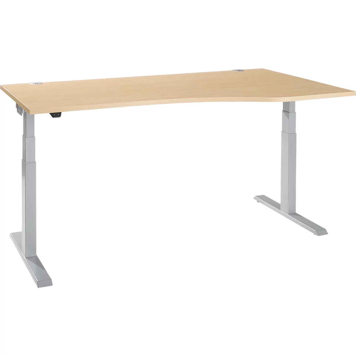 Height-adjustable desk made of light wood, with silver legs, on a white background.