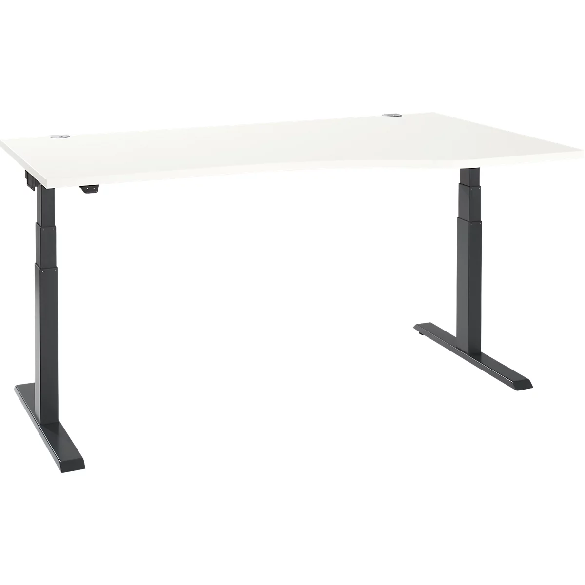 Height-adjustable desk against a white background. The tabletop is white, the legs are black.