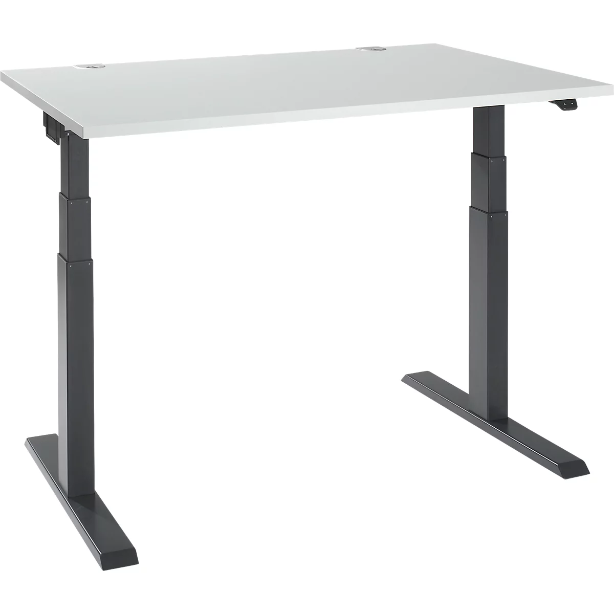 Desk with a grey tabletop and height-adjustable black legs.