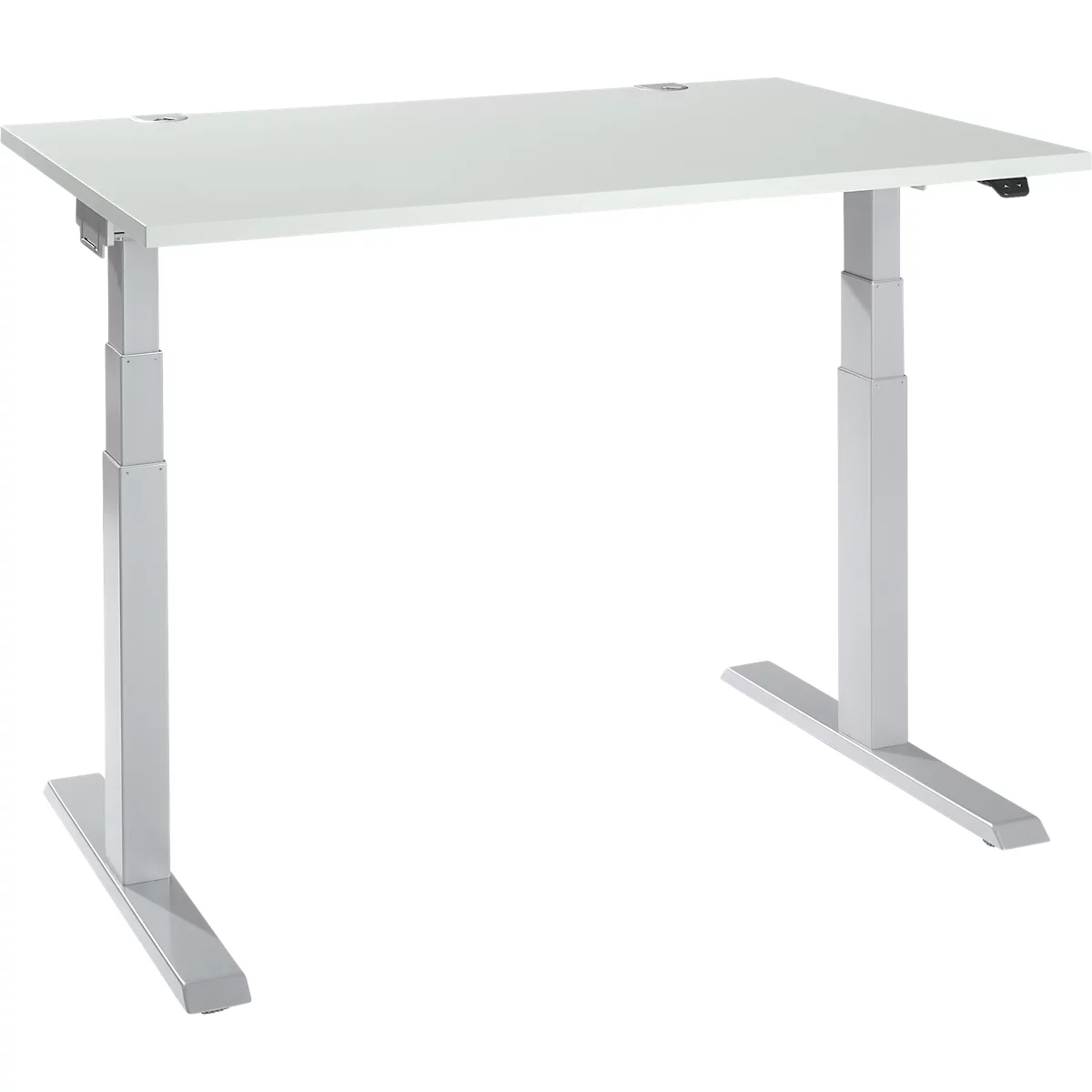 An adjustable height desk with white table top and light grey legs. The desk is isolated on a white background.