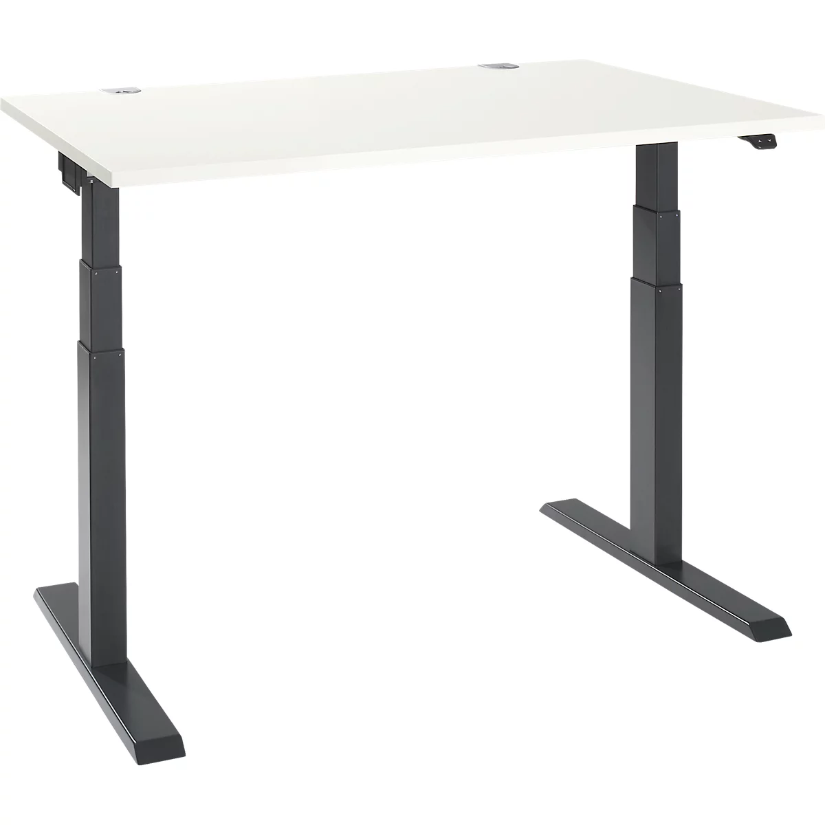 A white rectangular desk with height-adjustable, dark metal legs. The desk stands freely.