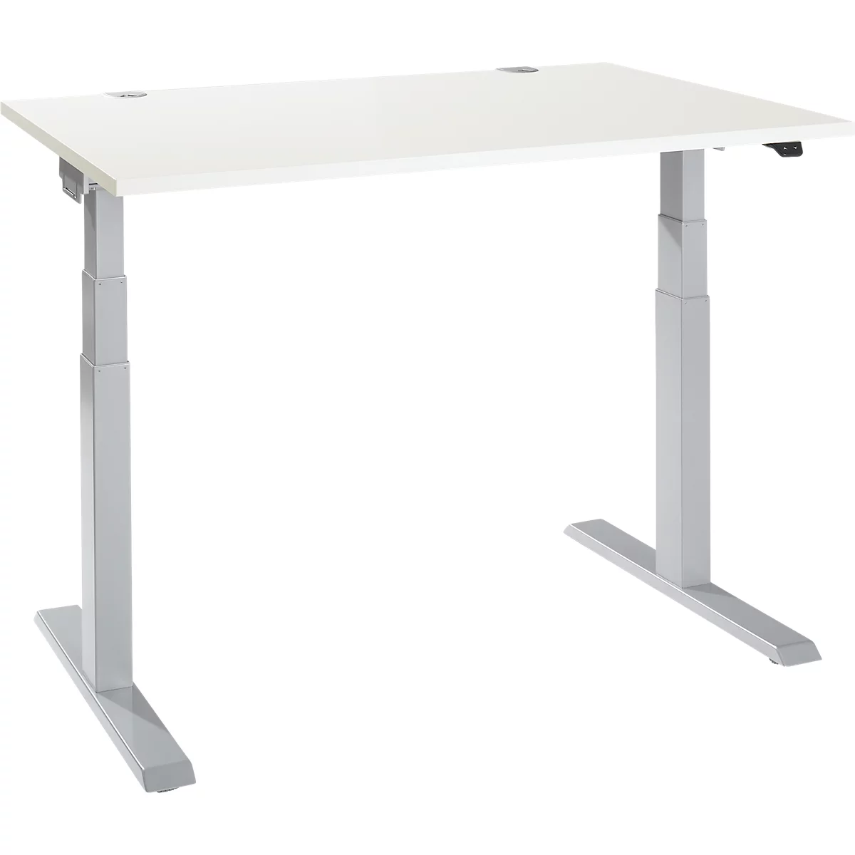 A white, height-adjustable desk, with silver legs, on a white background.
