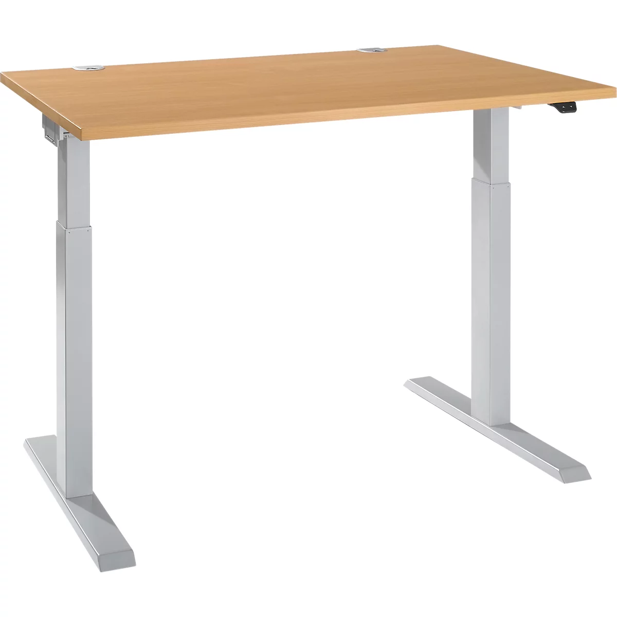 Light brown height adjustable desk. The tabletop is rectangular and stands on two gray legs.