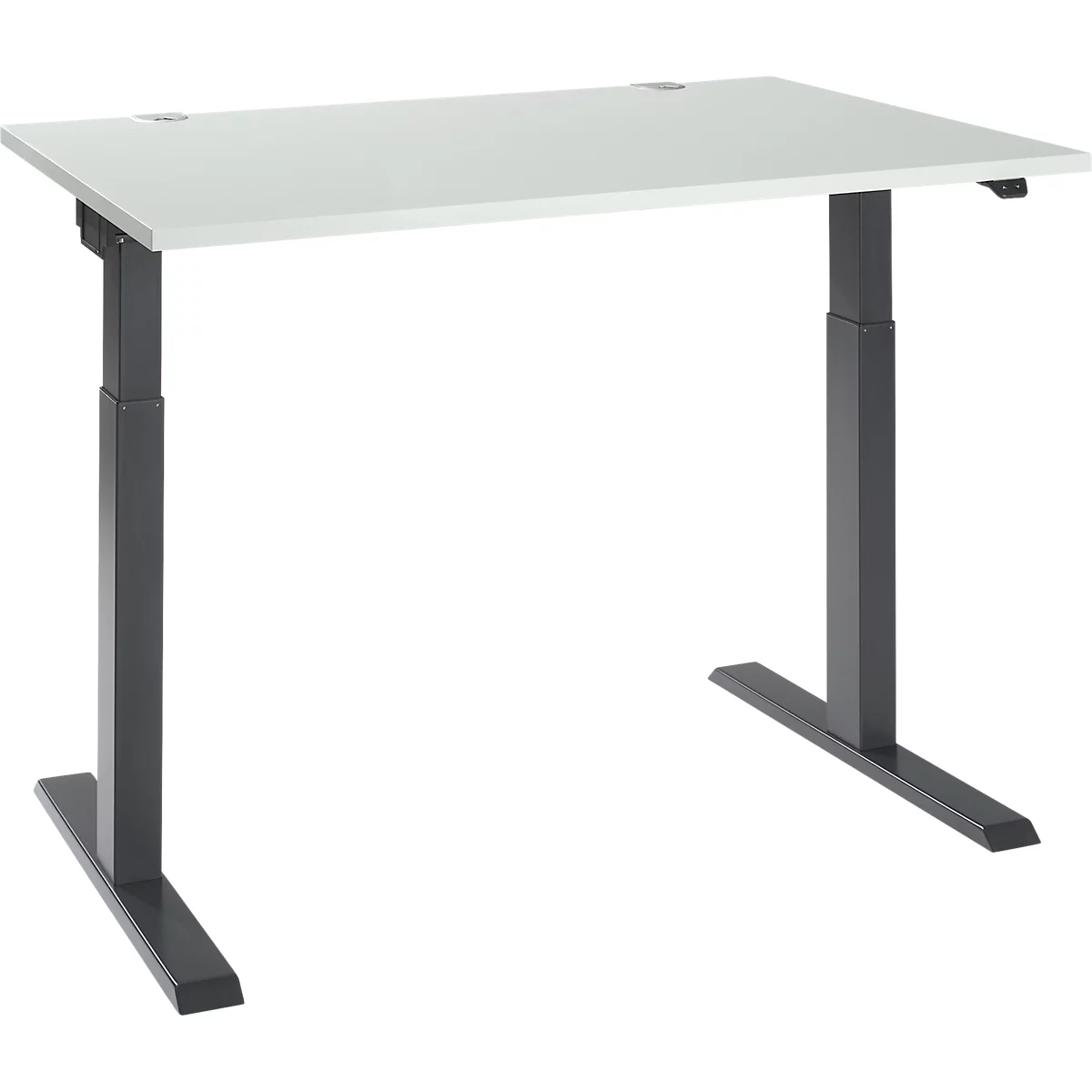 A height-adjustable desk with a white tabletop and gray legs against a white background.
