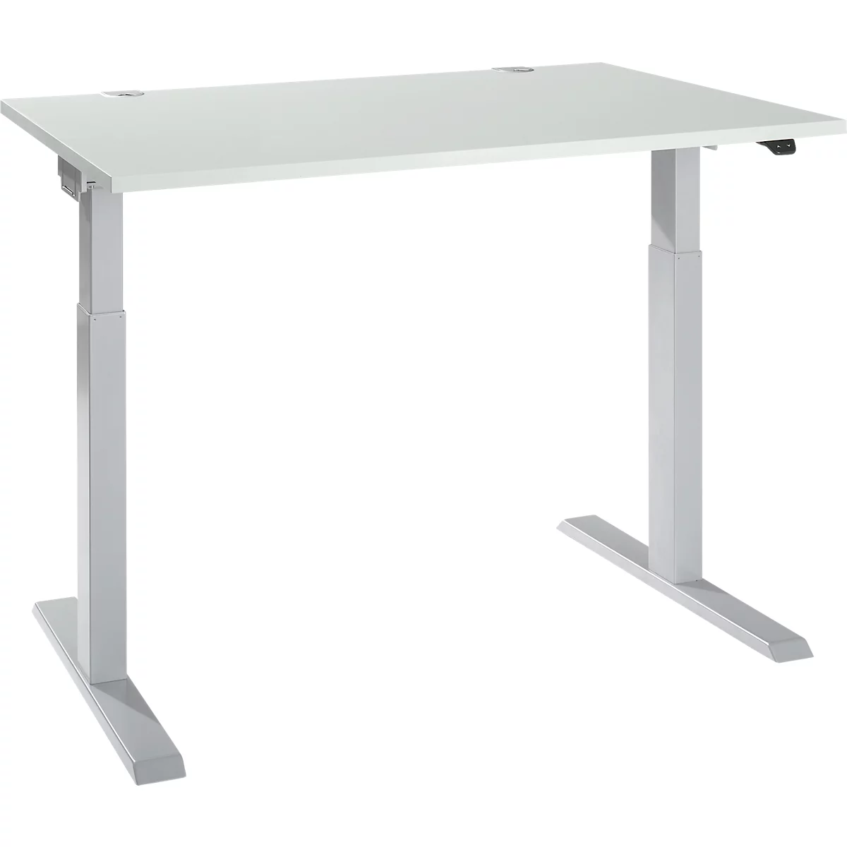 White height-adjustable desk with a rectangular tabletop and silver legs.
