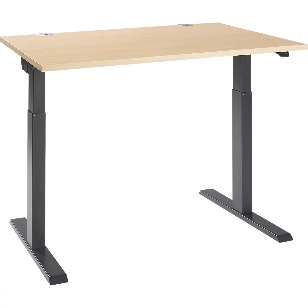 An adjustable desk with a light wood top and gray legs on a white background.