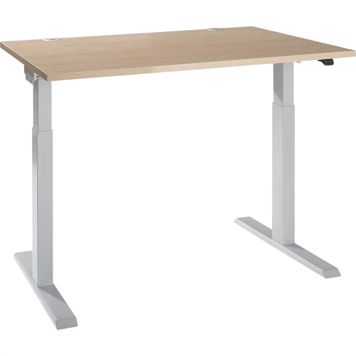 Light brown rectangular desk supported by two grey, height-adjustable pillars.