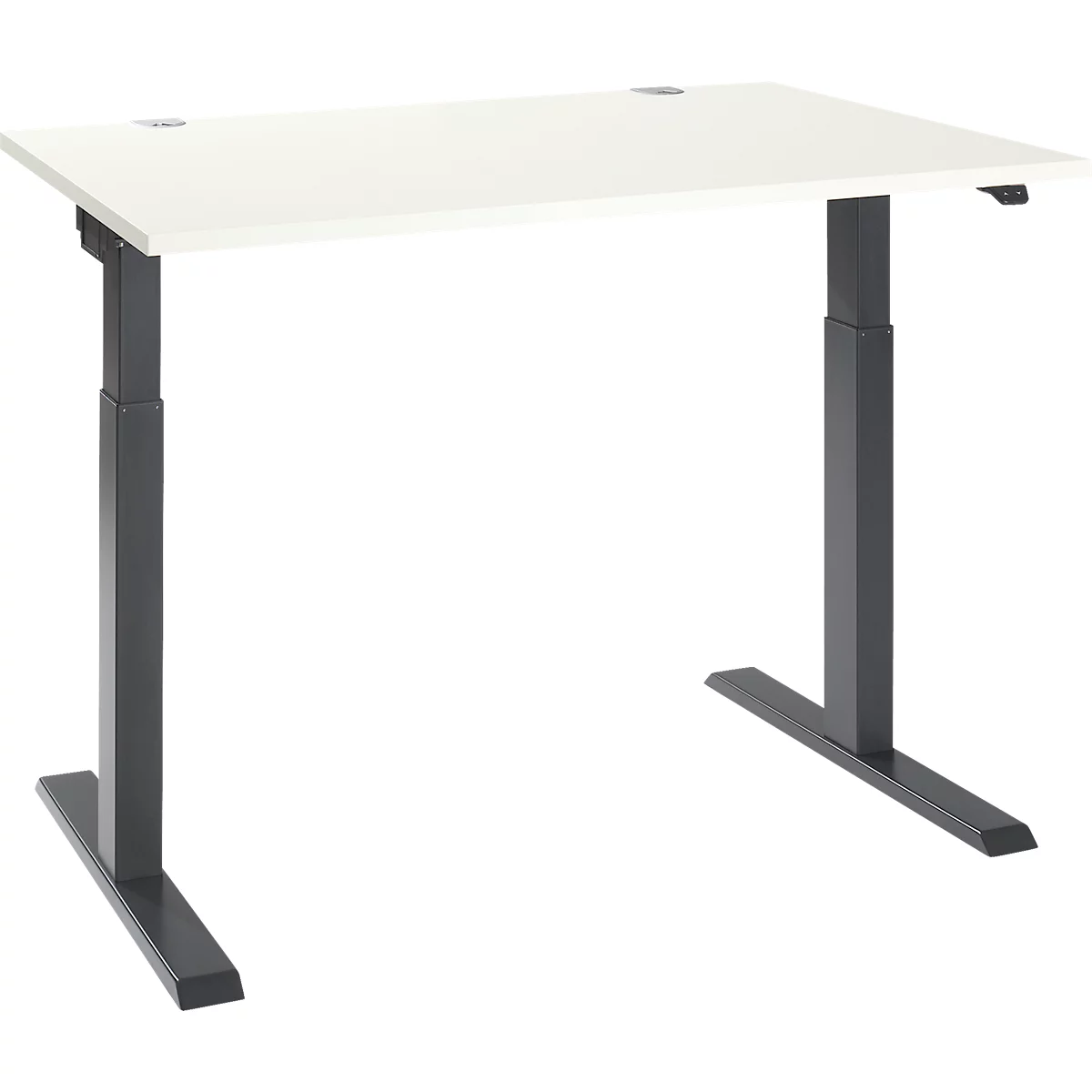A height-adjustable desk. White tabletop, gray legs, and control elements.