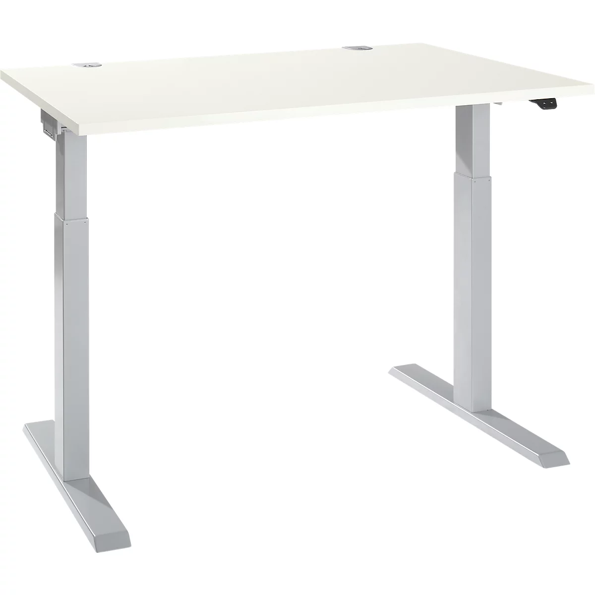 A white, height-adjustable desk with a silver frame. There is a small hole in the tabletop on the left.