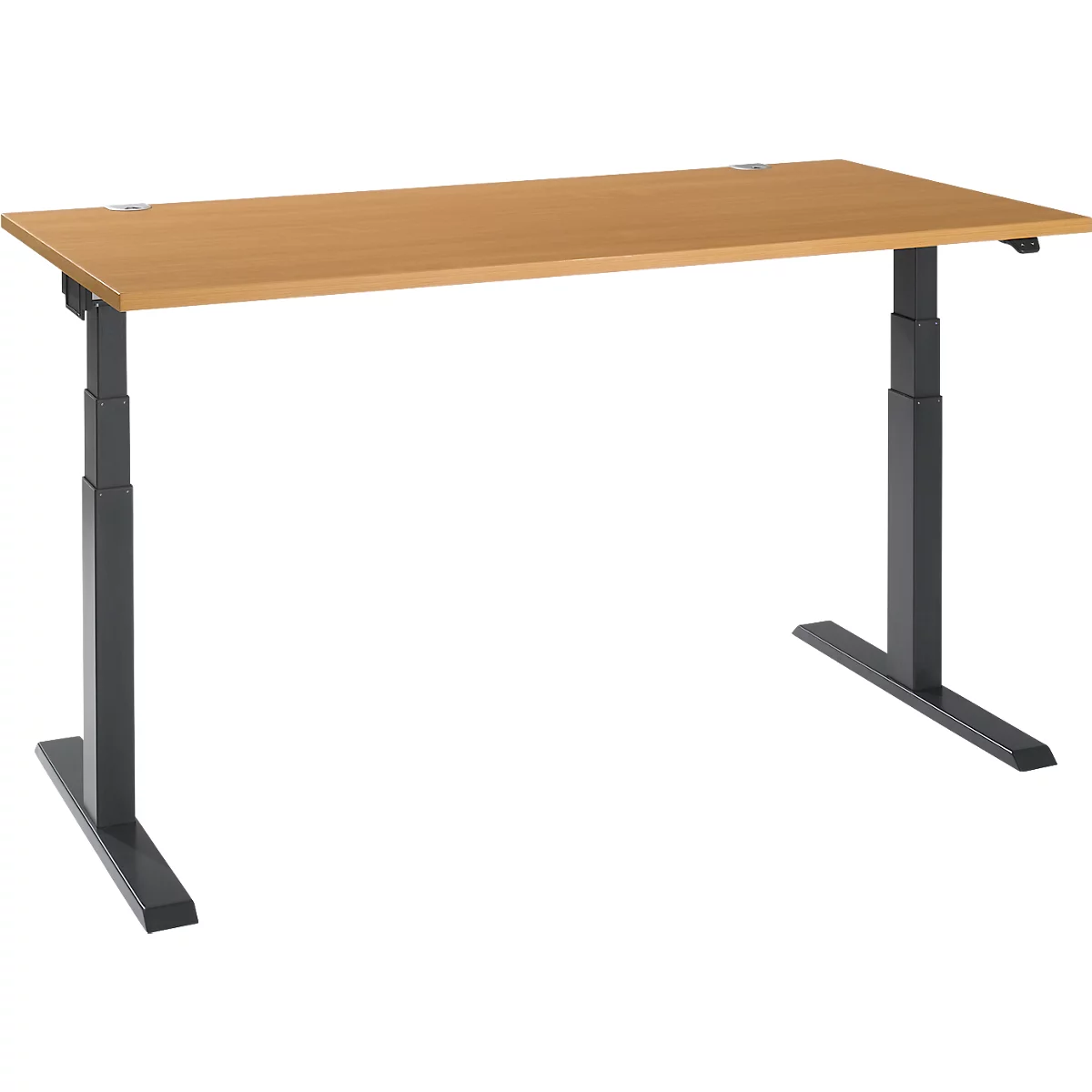Light brown height-adjustable desk. Black frame, rectangular tabletop.