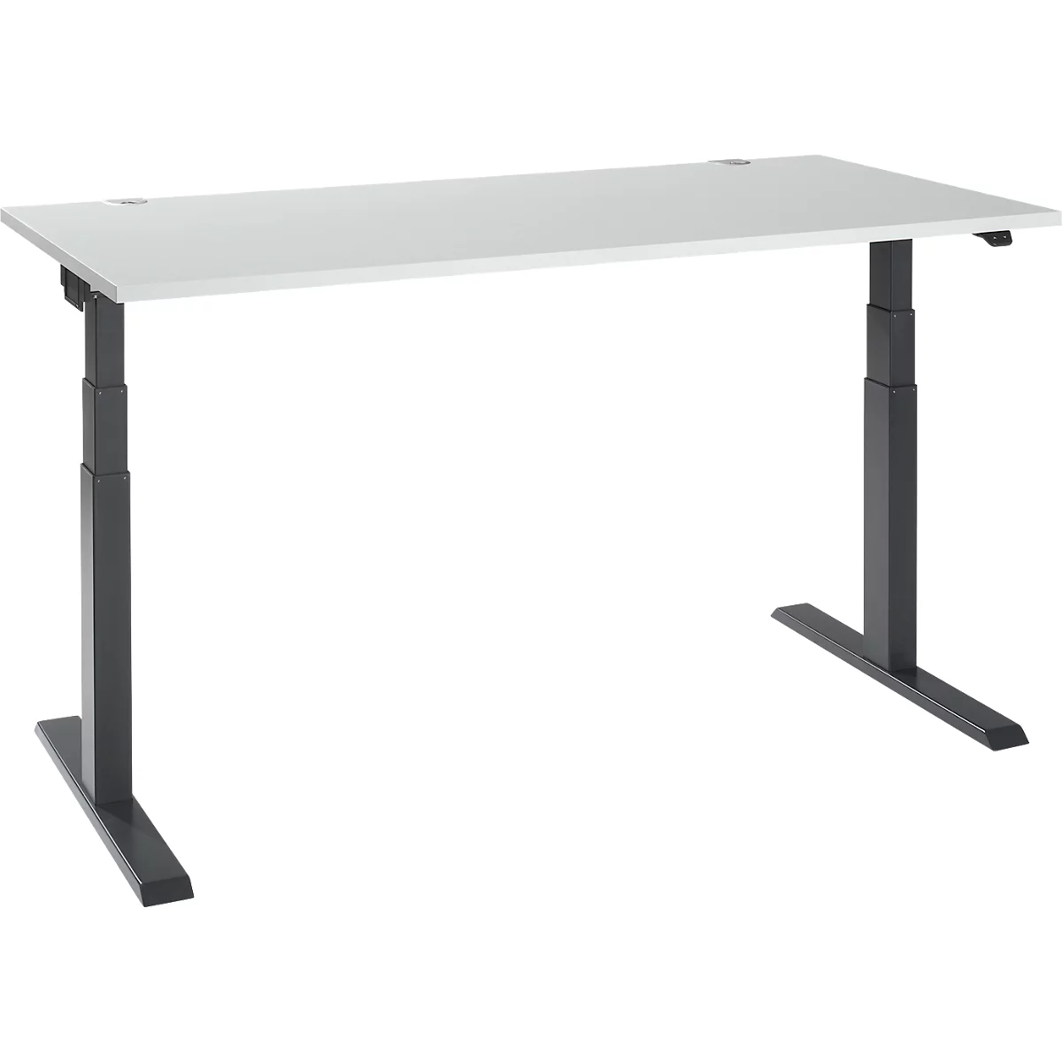 An adjustable height desk with a white tabletop and dark metal legs. The desk is shown in detail.