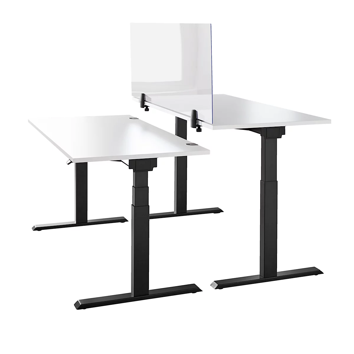 Two white desks with black, height-adjustable frames. One has a transparent partition.