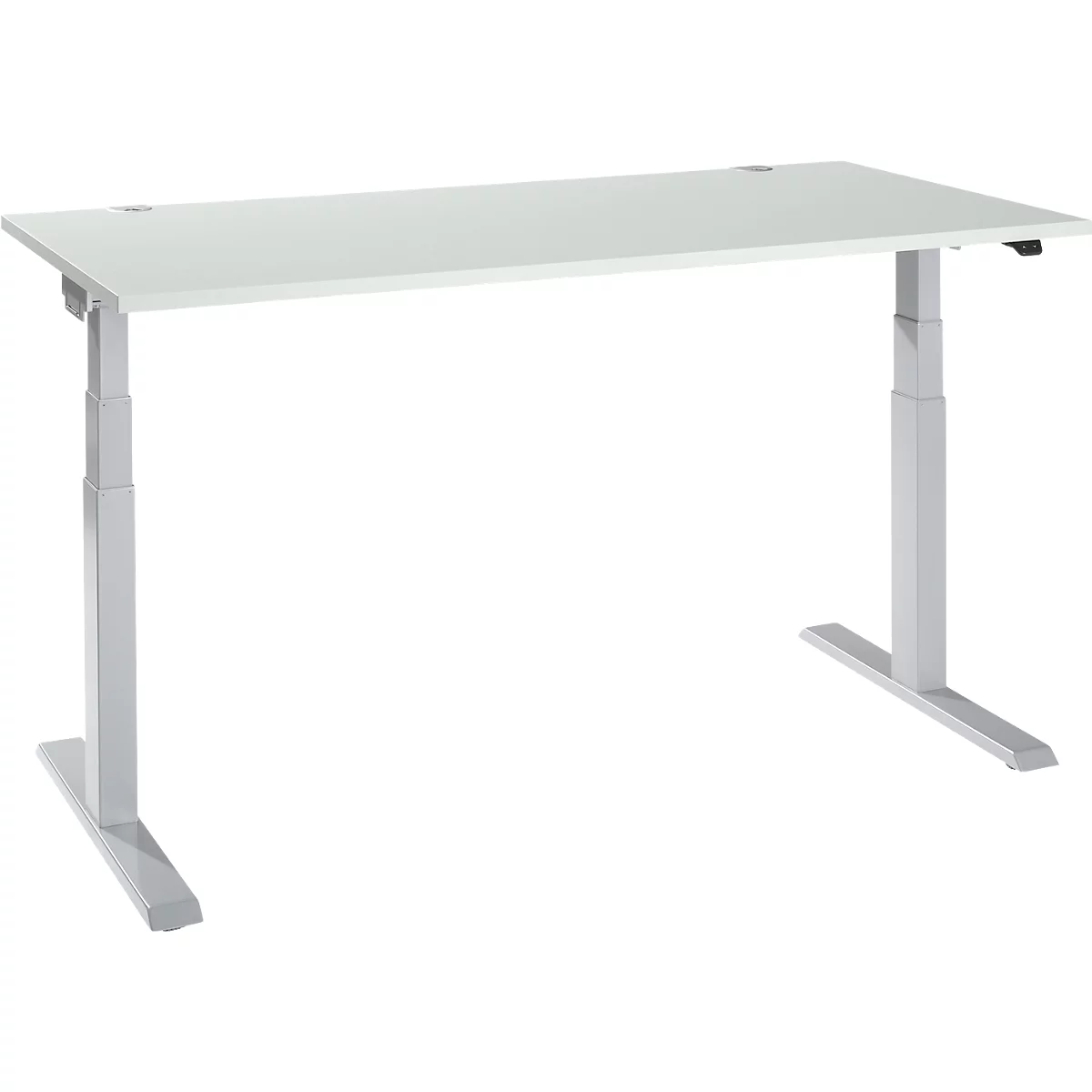 A height-adjustable white desk with silver legs. The tabletop is rectangular, the legs are sturdy and modern.