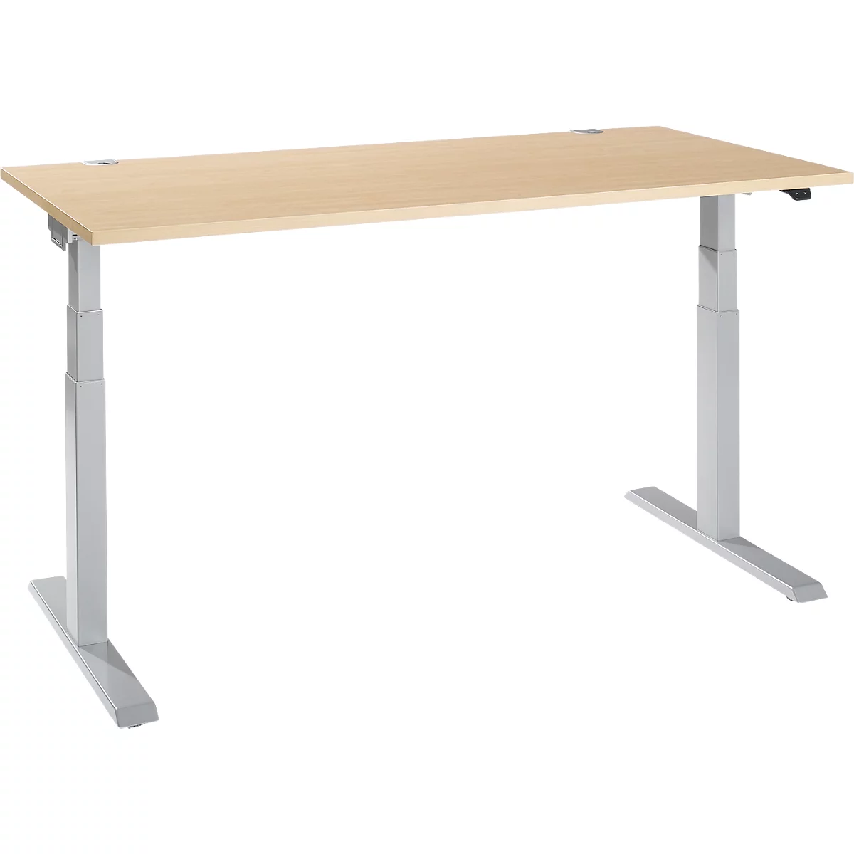 An adjustable-height desk, light brown table top and gray metal legs, on a white background.